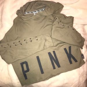 PINK Crop Hoodie w/Lace Up Sleeve Detail